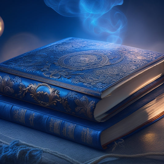 A glowing, ancient, leather-bound book with intricate, swirling patterns and a subtle aura, surrounded by mystical, ethereal orbs and wisps of smoke, set against a dark, gradient blue background.