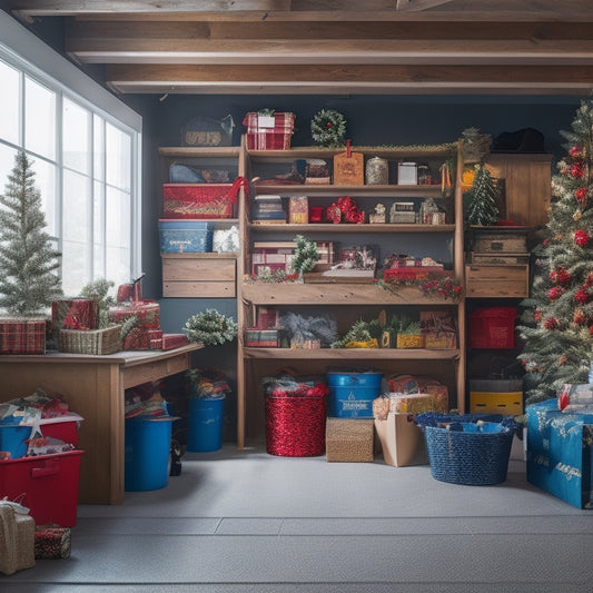 A cluttered garage with seasonal decorations scattered around, transformed into an organized space with labeled bins, hooks, and shelves, featuring a festive holiday decoration prominently displayed.