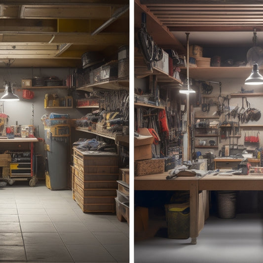 A before-and-after split-screen image of a cluttered garage with tools and boxes scattered everywhere, versus a tidy garage with organized shelves, a sleek workbench, and a polished floor.