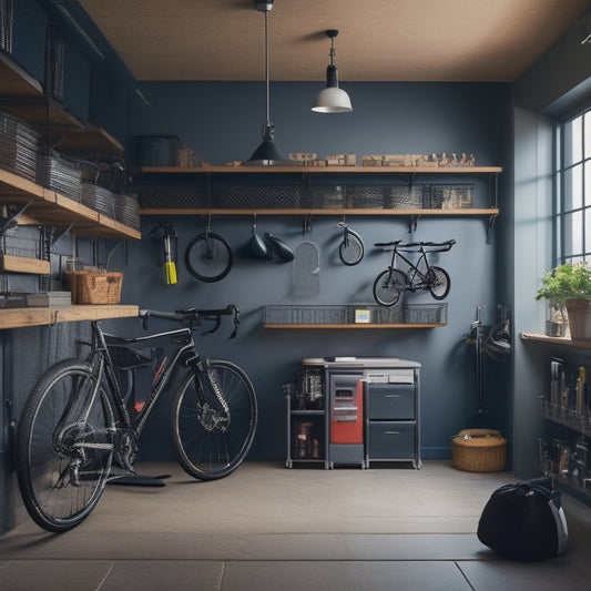 A well-organized small garage with a sleek black bike hung from the ceiling, adjacent to a pegboard with neatly arranged tools, and a compact shelving unit holding labeled storage bins.
