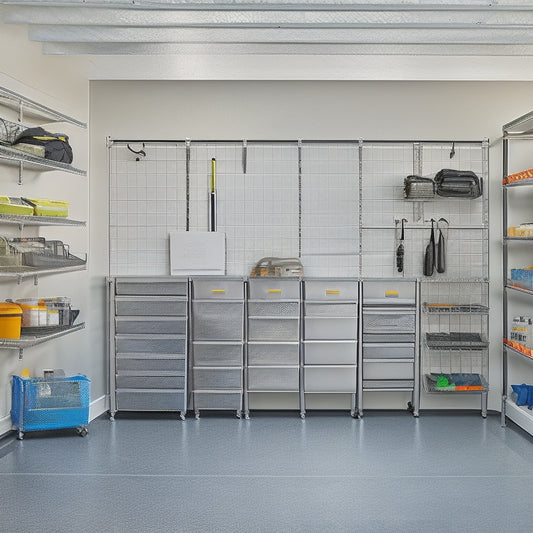 A well-organized garage with sleek, silver overhead storage racks, labeled bins, and a slatwall with hooks, baskets, and a foldable workbench, set against a clean, gray concrete floor and white walls.