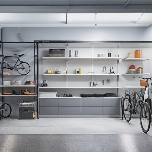 A well-lit, modern garage with sleek, white floating shelves mounted on a gray wall, holding organized bins, tools, and accessories, surrounded by a polished concrete floor and a few bicycles.