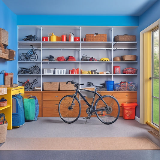 A clutter-free garage with sleek, wall-mounted shelves and cabinets in a light gray finish, holding organized bins and baskets, surrounded by a few well-placed bikes and tools.