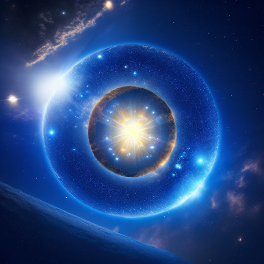 A stylized, glowing starburst radiates from a centralized hub, surrounded by orbiting planets and satellites, each featuring a satisfied customer face, amidst a calming blue and white celestial background.