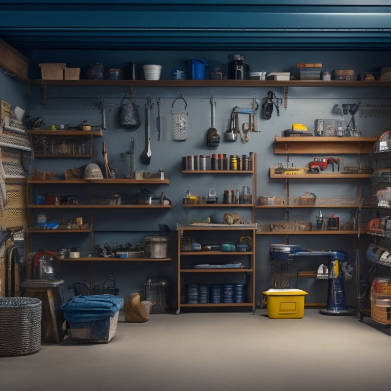 A cluttered garage with various tools and storage bins scattered around, transitioning into a organized space with three types of DIY shelving systems: slatwall, modular, and industrial pipe shelving.