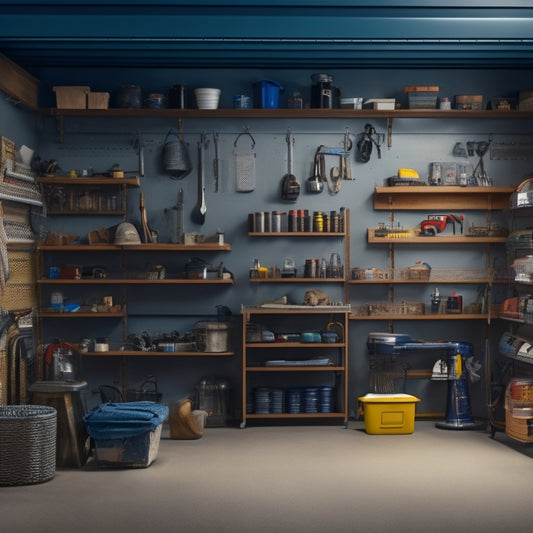 A cluttered garage with various tools and storage bins scattered around, transitioning into a organized space with three types of DIY shelving systems: slatwall, modular, and industrial pipe shelving.