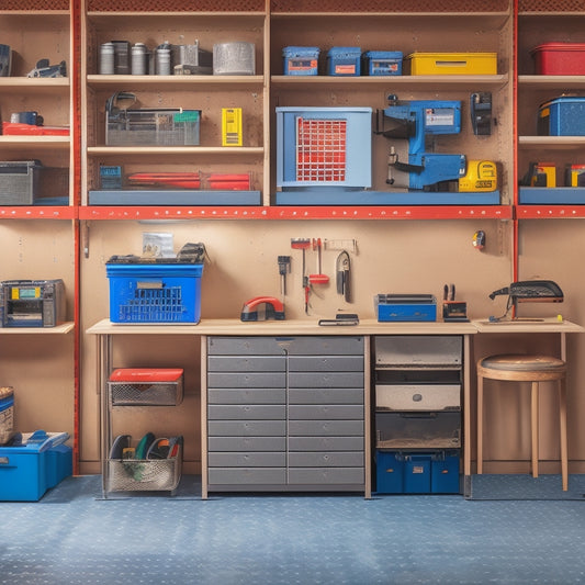 A clutter-free workshop with a pegboard on the wall, holding organized tool belts, pouches, and electrical testers, alongside a rolling cabinet with labeled drawers and a portable toolbox on the floor.