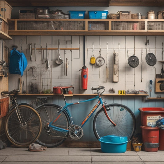 A cluttered garage with scattered tools, bicycles, and storage bins, contrasted with a tidy section featuring a slatwall with hooks, a labeled pegboard, and a few neatly arranged bins.
