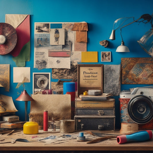 A colorful, eclectic collage of vintage and modern posters, torn edges, and crumpled paper, surrounded by design tools like scissors, glue, and paintbrushes, against a muted, textured background.