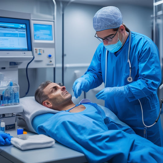 A medical professional, dressed in blue scrubs and gloves, gently cleans a wound on a patient's arm, surrounded by advanced medical equipment and a sterile environment, with a subtle background of a modern hospital.