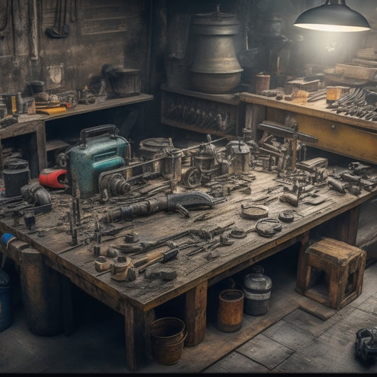 A well-organized auto workshop with tools and machinery arranged around a central workbench, featuring a mix of 10-15 vibrant, abstract icons in various shapes and sizes.