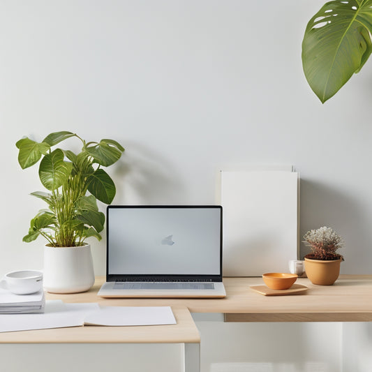 A serene, minimalist workspace with a few, carefully curated items: a sleek laptop, a small potted plant, and a tidy stack of colorful folders, set against a calming, creamy white background.
