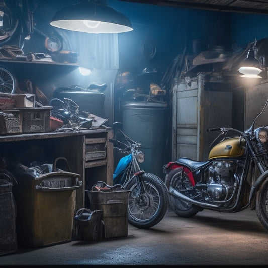 A cluttered, dimly lit tiny garage with a mini motorcycle, a bicycle, a lawn mower, and a toolbox, surrounded by cobwebs and old car parts, with a single flickering light bulb above.