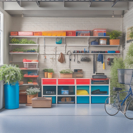 A bright and organized garage with a sleek epoxy-coated floor, neatly labeled storage bins, and a pegboard adorned with gleaming tools, surrounded by lush greenery and a few blooming flowers.