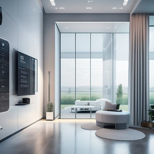 A futuristic, minimalist home interior with a large, transparent touchscreen display on the wall, showcasing a 3D room model with various renovation options and calculators.