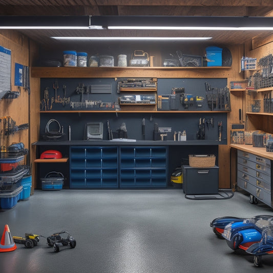 A well-lit, clutter-free garage with a sleek, black sports car at its center, surrounded by organized toolboxes, labeled bins, and a pegboard adorned with neatly hung accessories and gadgets.