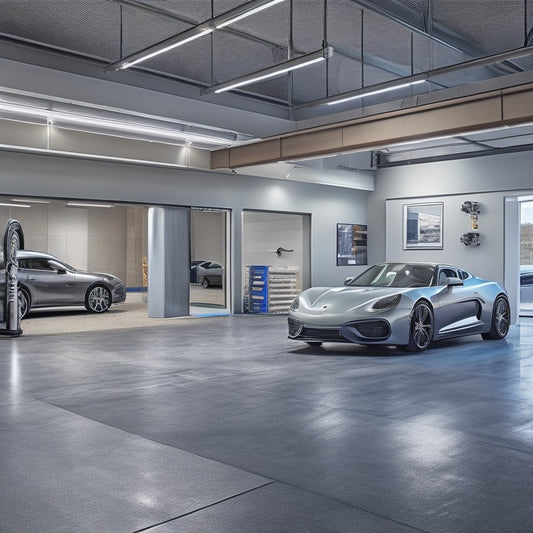 A modern, well-lit garage interior with sleek, floor-to-ceiling storage units, a polished concrete floor, and a silver sports car parked in the center, surrounded by state-of-the-art smart home devices.