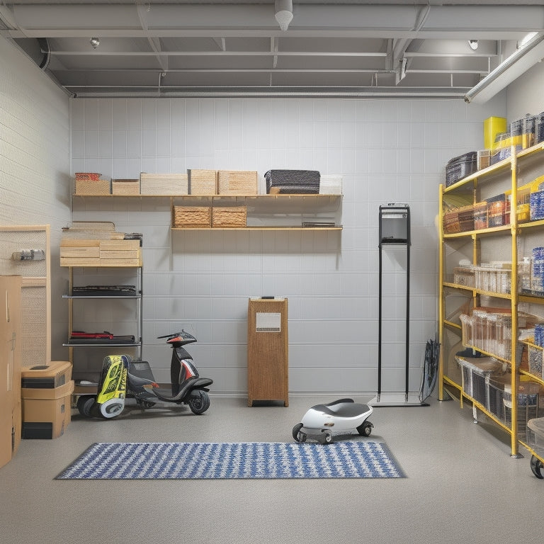 A serene, well-lit garage interior with adjustable shelving units, labeled bins, and a mobility scooter parked in front of a Pegboard with hanging tools and accessories, amidst a calm, neutral-colored background.