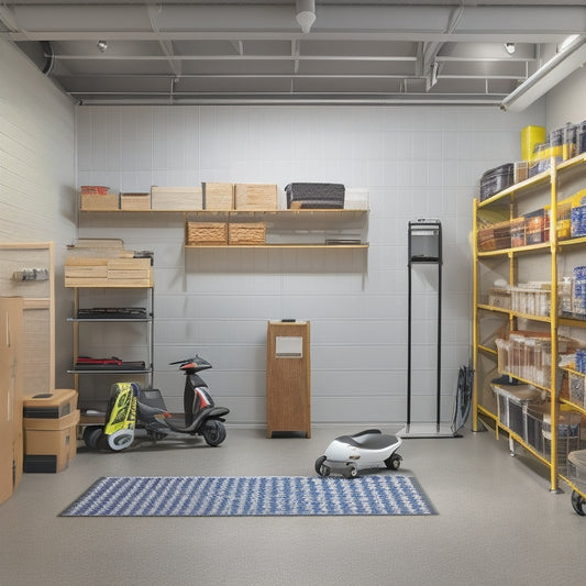 A serene, well-lit garage interior with adjustable shelving units, labeled bins, and a mobility scooter parked in front of a Pegboard with hanging tools and accessories, amidst a calm, neutral-colored background.