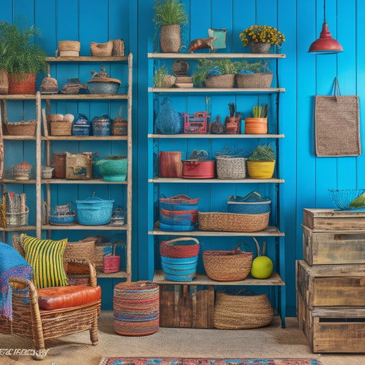A vibrant, eclectic room filled with repurposed items, featuring a vintage ladder turned bookshelf, colorful woven baskets, and distressed wooden crates serving as storage units.