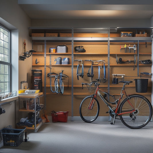 A well-organized garage interior with sleek metal shelves, labeled bins, and a slatwall with hooks, showcasing bicycles, tools, and sports equipment, illuminated by natural light pouring through a window.