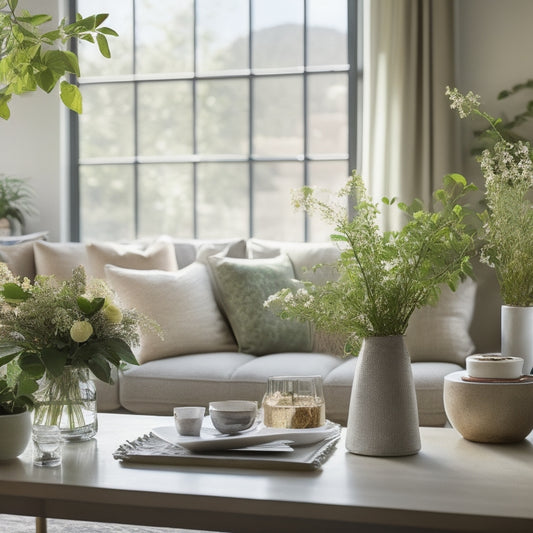 A serene, sun-drenched living room with open windows, blooming flowers on the coffee table, and a vase filled with fresh greenery on the side table, surrounded by tidy, organized spaces.