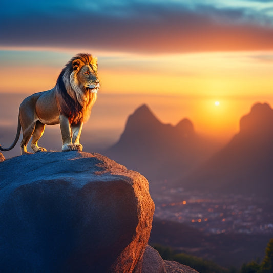 A majestic lion standing on a mountain peak at sunrise, with a subtle cityscape in the background, surrounded by a halo of light, conveying confidence and empowerment.