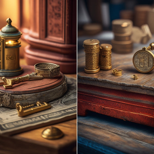A split-screen image featuring a rundown, old, rusty key on a worn wooden table on one side, and a shiny, gold key surrounded by stacks of cash and a miniature house model on the other.
