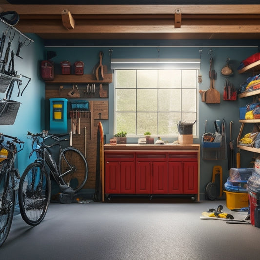 A well-organized garage with a slatwall, hooks, and bins, featuring a parked car, a workbench with tools, and a bicycle suspended from the ceiling, surrounded by natural light.