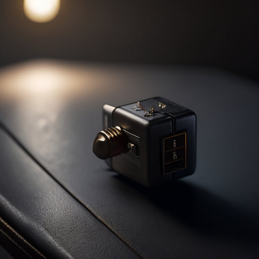 An overhead shot of a rugged toggle switch with a pilot light, set against a dark grey or black background, with a shallow depth of field to highlight the switch's metallic texture.
