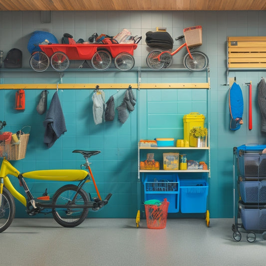 A well-organized garage with a compact workstation, wall-mounted bins, and a slatwall with hooks, showcasing a foldable stroller, a few bikes, and a mini sports equipment storage unit.