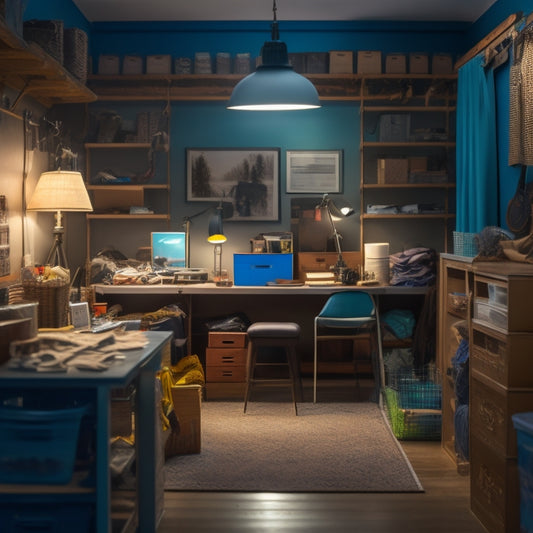 A cluttered, dimly lit room with piles of boxes, scattered clothes, and tangled cords, contrasted with a tidy, well-lit area featuring a custom-built shelving unit with labeled compartments and organized items.
