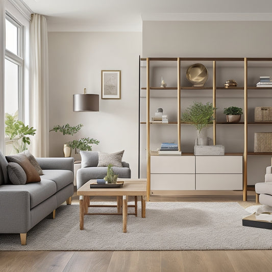 A clutter-free living room with a sleek, wall-mounted shelf ladder, hidden storage ottoman, and a multi-tiered coffee table with drawers, surrounded by minimalist decor and plenty of natural light.