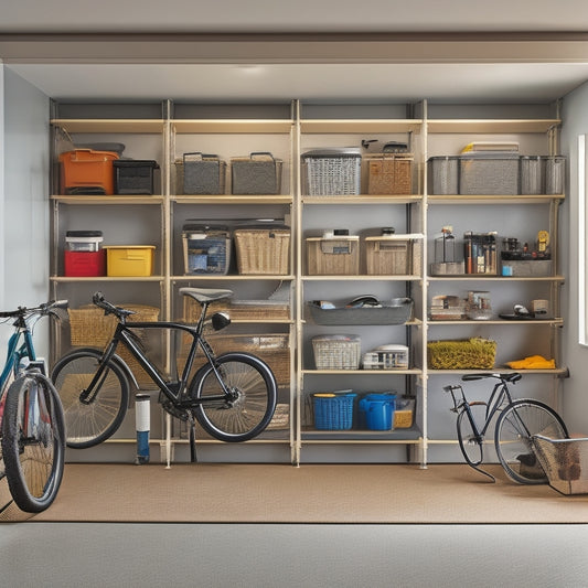 A clutter-free, well-organized garage with sleek, wall-mounted shelves in a compact, L-shaped configuration, holding various storage bins, baskets, and tools, with a few bicycles suspended from the ceiling.