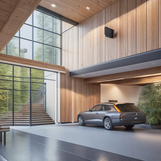 A modern, sleek garage with a staircase leading up to a cozy, loft-style apartment, surrounded by large windows, natural wood accents, and a polished concrete floor.