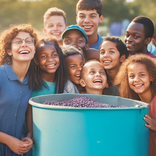 A vibrant, sunlit scene depicting a diverse group of students from different age groups and backgrounds gathered around a large, overflowing donation bin, surrounded by smiling community members.