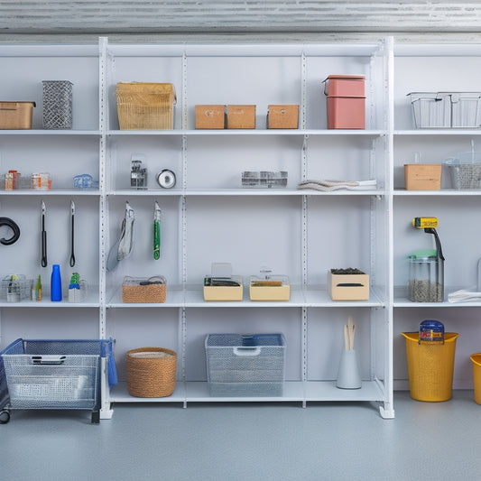 A well-organized garage with sleek, silver shelving units, transparent storage bins, and a pegboard with hanging tools, set against a clean, gray concrete floor and white walls.