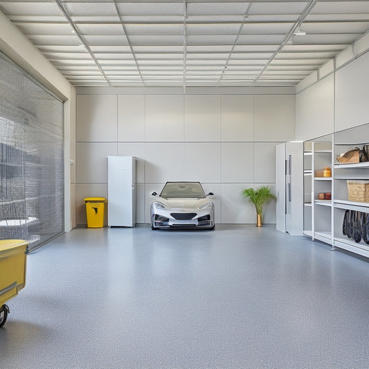 A clutter-free, well-organized garage with a sleek, silver sports car, polished concrete floors, and walls lined with modular storage units, hooks, and baskets, surrounded by natural light.