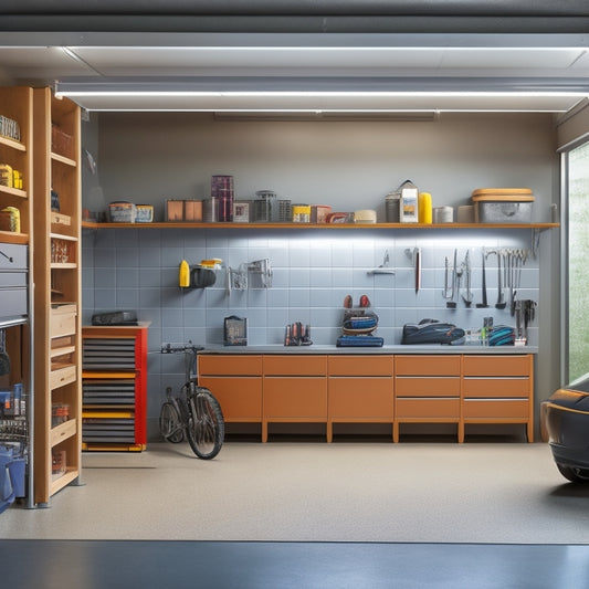 An organized garage with sleek cabinets, a pegboard with neatly arranged tools, and a polished concrete floor, illuminated by natural light pouring in from a large window.