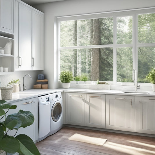 A bright, modern laundry room with sleek white cabinets, a stainless steel sink, and a large window with natural light pouring in, surrounded by lush greenery and a few scattered laundry baskets.