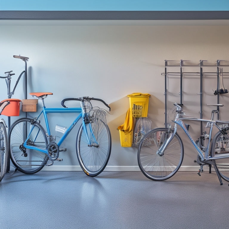 A clutter-free garage with a sleek, silver bike rack mounted on a gray concrete wall, holding three bicycles with various frame styles and colors, surrounded by neatly organized storage bins and hooks.