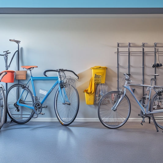 A clutter-free garage with a sleek, silver bike rack mounted on a gray concrete wall, holding three bicycles with various frame styles and colors, surrounded by neatly organized storage bins and hooks.