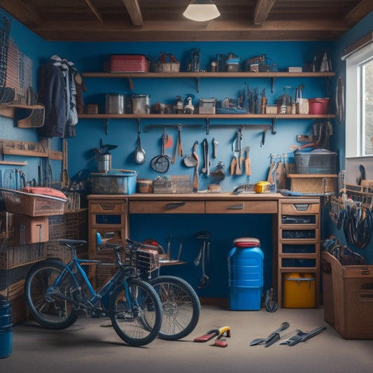 A cluttered yet organized tiny garage with a miniature car, tools on pegboards, bicycles hanging from the ceiling, and a workbench with a vice, surrounded by storage bins and shelves.