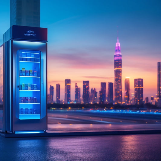 A futuristic, well-lit vending machine stands alone, surrounded by a sleek, modern cityscape at dusk, with a shiny new car suspended mid-air inside the machine's transparent glass walls.