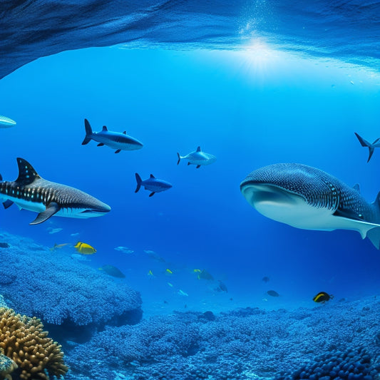 An underwater tunnel with a massive whale shark gliding overhead, surrounded by schools of small fish, while divers in the distance tend to a coral reef exhibit with a submarine in the background.