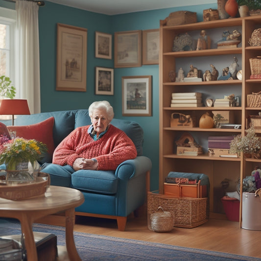 An illustration of a senior citizen sitting comfortably in their living room, surrounded by organized storage units, with a few personal items and mementos displayed, and a warm, inviting color scheme.