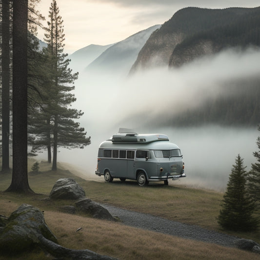 A serene outdoor scene with a tidy camper van, its storage compartments open to reveal neatly arranged gear, against a backdrop of a misty forest with a subtle mountain range in the distance.