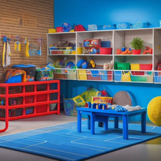 A clutter-free garage with a designated play area for kids, featuring a toy organizer, a ball pit, and a mini table with chairs, surrounded by labeled storage bins and a sleek pegboard.