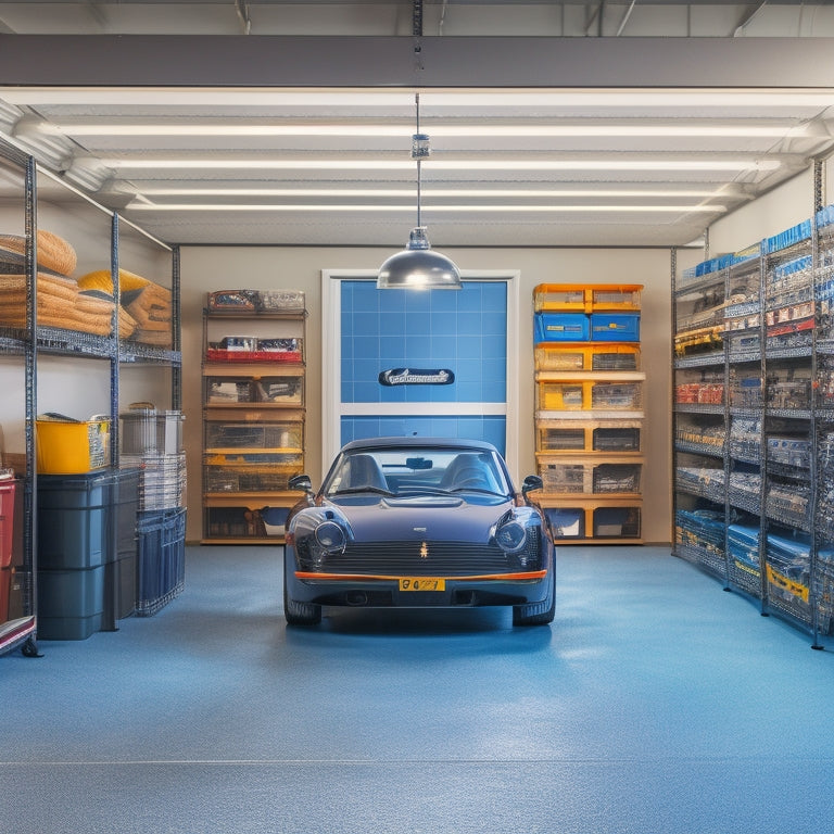 A clutter-free garage with three sleek cars parked in a row, surrounded by organized storage bins, labeled shelves, and a pegboard with hanging tools and accessories.