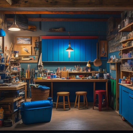 A well-lit garage converted into an art studio, with a wooden worktable cluttered with paintbrushes, canvases, and art supplies, surrounded by colorful artwork and inspirational quotes on the walls.